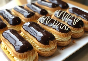 Delicious chocolate eclairs filled with cream arranged on a white plate