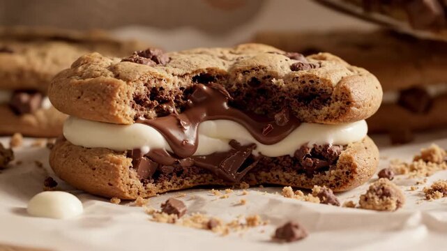 A chocolate chip cookie sandwich with a bite taken out revealing a white filling and melted chocolate Debris surrounds it
