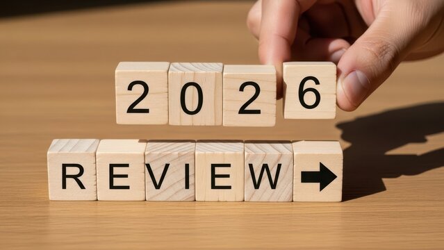Hand placing 2026 review blocks for future business assessment