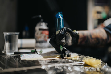 Fototapeta premium A tattoo artist wearing black gloves uses a tattoo machine to apply ink to a clients skin. The workstation shows ink bottles, cups, and towels, conveying focus and craftsmanship in a studio setting.
