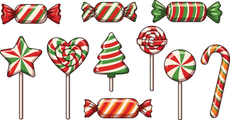 Holiday candies set including stripped design star, heart, tree lollipops and wrapped shapes. Festive design elements on transparent background.