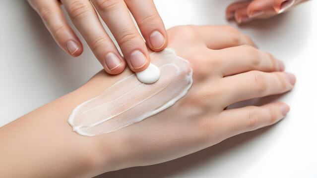 Hand applying moisturizing cream for skincare and self care