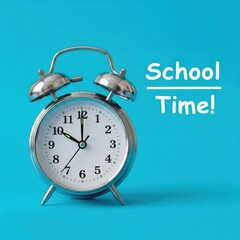 Classic silver alarm clock and 'school time!' text on blue background