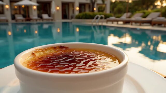 A cr&egrave;me br&ucirc;l&eacute;e in a white ramekin dish set against a blurred poolside background with lounge chairs and building lights