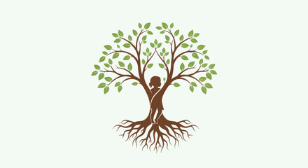 Fototapeta premium Vibrant green tree with deep roots and nurturing child silhouette representing growth and nature