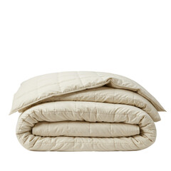Ultra-plush ivory cream sateen duvet comforter, geometric square quilting, expertly folded to maximize depth, isolated on a transparent background, luxurious bedding advertisement concept