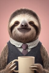 Obraz premium Cartoon-Inspired Realistic Sloth in Office Attire with Giant Mug