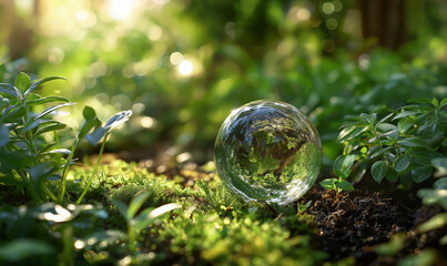 Enchanting crystal ball reflecting lush greenery, capturing nature's beauty and serenity beautifully