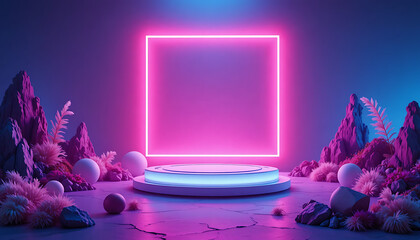 A vibrant neon pink rectangle glows on a futuristic podium surrounded by abstract glowing rock formations in a moody purple and blue atmosphere