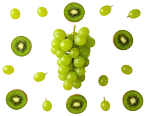 Isolated green fruits arranged on a black background, including kiwi slices and grapes