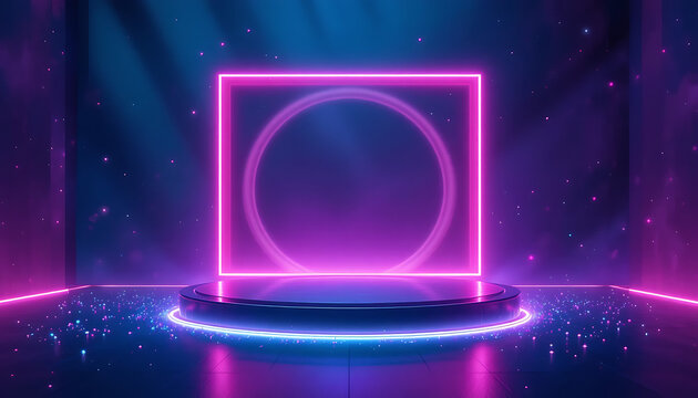 Abstract futuristic neon glowing stage with a central oval shape and vibrant pink and blue lights - Powered by Adobe