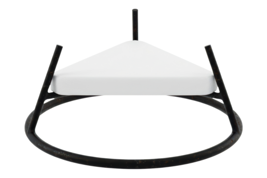 Black metal tripod stand supporting white triangular stone base isolated on a transparent background