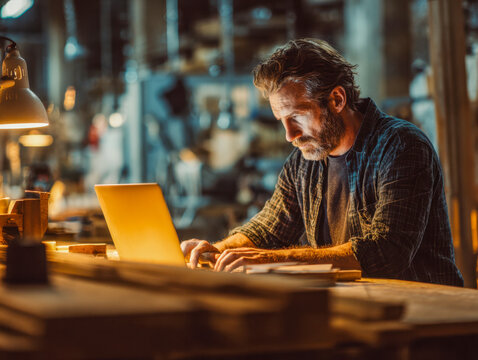 Focused craftsman working on a laptop in a warmly lit workshop surrounded by woodworking tools and wooden materials during evening hours