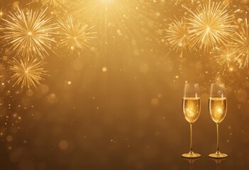 Minimal vector new year banner with fireworks and champagne silhouettes