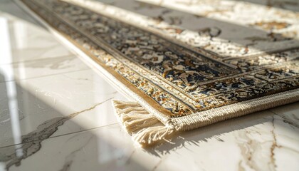 Close Up Detail of Traditional Islamic Prayer Rug Texture on Marble ground