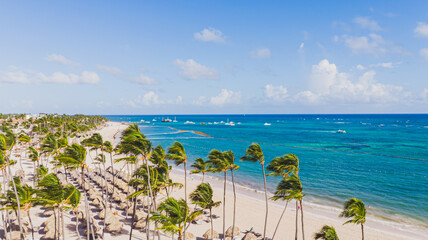 Vista aeres de la playa de isla tropical con palmeras y mar caribe, punta cana, rep&uacute;blica dominicana
