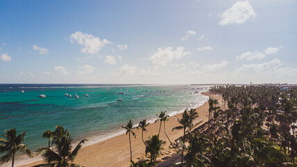 Vista aeres de la playa de isla tropical con palmeras y mar caribe, punta cana, rep&uacute;blica dominicana