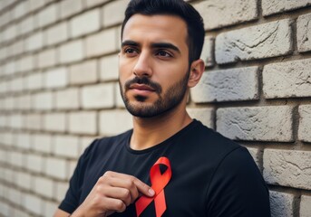 Portrait of a serious young man with dark hair and beard wearing a black tshirt, holding a red awareness ribbon against a brick wall