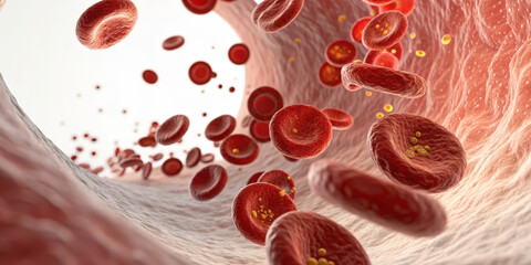 Fototapeta premium Red blood cell artery bloodstream cholesterol lipid plaque cardiovascular circulation oxygen vessel. Dynamic artery view with red blood cell and cholesterol lipid, circulation flow and oxygen