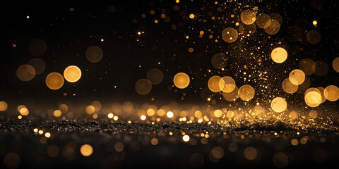 Golden bokeh black background glitter sparkle shimmer abstract festive celebration glow light