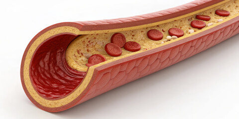 Clogged artery atherosclerosis cholesterol plaque blood vessel red blood cell lipid deposit fatty streak vascular disease cardiovascular health medical illustration with concern and clarity