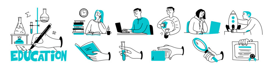 A doodle set of people on the topic of education. Online and offline. Men and women, hands, books, and ideas. Vector isolated line illustration.