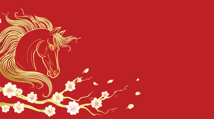 2026 Year of the Horse Golden Head with Blossoming Branches on Red Background – Elegant Asian Lunar New Year Art © Deea88