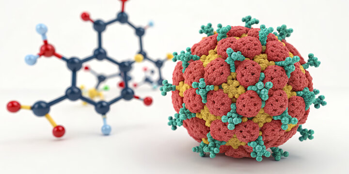 Molecular model lipid protein sphere biology science chemistry nanotechnology 3D render closeup form vivid study scene with detailed molecular model, lipid protein sphere, biology science