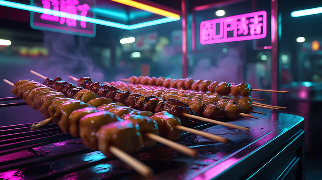 Cyberpunk Street Food at Night with Neon Lights, Futuristic Asian Market, Cinematic Close-Up