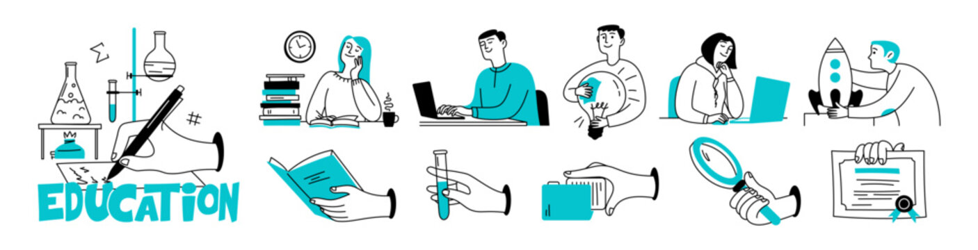 A doodle set of people on the topic of education. Online and offline. Men and women, hands, books, and ideas. Vector isolated line illustration.