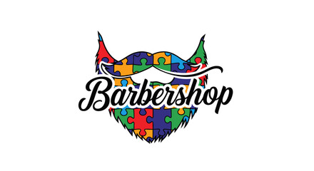 Vibrant Puzzle Pattern Barbershop Logo Design Featuring Stylish Mustache and Beard Icon