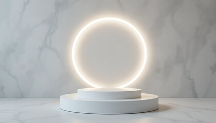 Minimalist white podium with a glowing oval neon light ring on a marble background