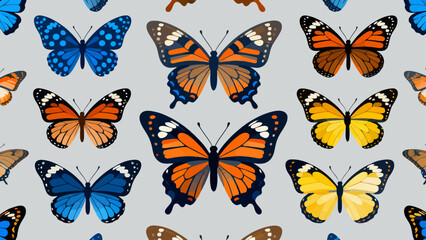 This vibrant illustration displays a collection of diverse, colorful butterflies with intricate wing patterns, capturing the delicate beauty and variety of these insects.
