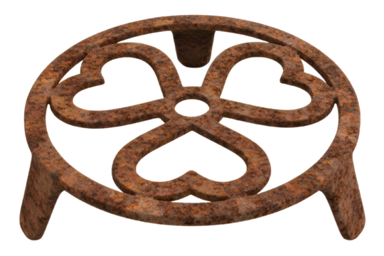Rusty cast iron trivet stand with decorative clover leaf design isolated on a transparent background
