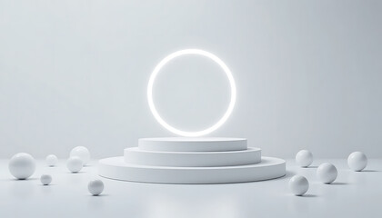 Minimalist white podium with glowing neon ring and scattered abstract egg shapes on a clean background