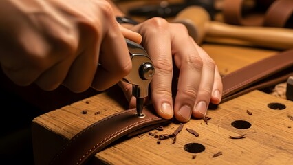 Person using a leather hole punch tool on a brown leather belt on a wooden workbench surface