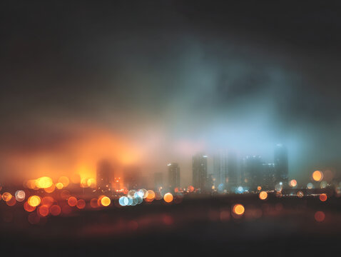 Blurred cityscape at night with glowing orange and blue lights creating a dreamy foggy atmosphere over tall urban buildings and streets - Powered by Adobe