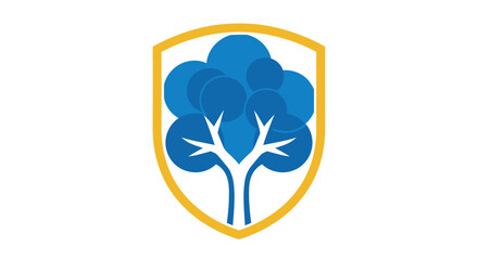 Modern Abstract Blue Tree within a Gold Shield Emblem Symbolizing Environmental Protection