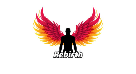 Dynamic human silhouette with fiery gradient wings symbolizing rebirth spiritual growth and new
