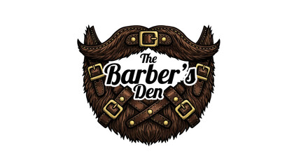 Vintage Barber's Den Logo with Stylized Beard and Mustache Featuring Leather Straps and Buckles