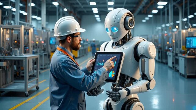 Engineer collaborates with an advanced AI robot, analyzing production data on a tablet. Human-machine partnership in a smart manufacturing facility. Panning shot.