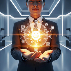 Digital Leader Holding Glowing Soft Skills Sphere in Futuristic Office