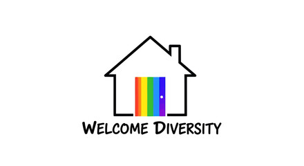 Minimalist House Outline with Vibrant Rainbow Door and Welcome Diversity Text Symbolizing