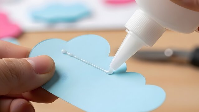 Applying glue to a blue cloud shaped paper cutout with a white glue bottle in crafting process