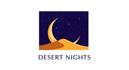 Mesmerizing desert night scene featuring golden crescent moon and twinkling stars above sand dunes