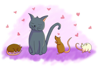 three mice and a cat