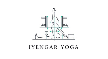 Iyengar Yoga woman stretching pose illustration with props alignment guides for wellness health