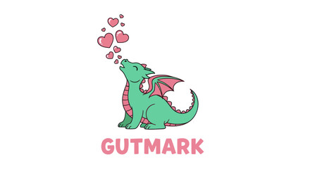 Adorable Cartoon Green Dragon Blowing Pink Hearts Whimsical Fantasy Creature Illustration