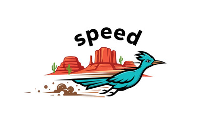 Dynamic cartoon roadrunner running swiftly through a vibrant desert landscape with mesas and