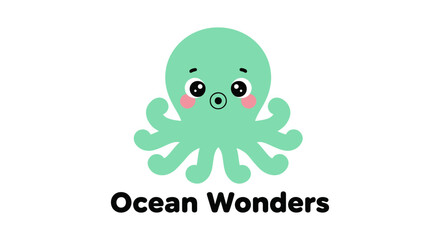 Cute Green Cartoon Octopus Character Illustration with Ocean Wonders Text for Kids Design